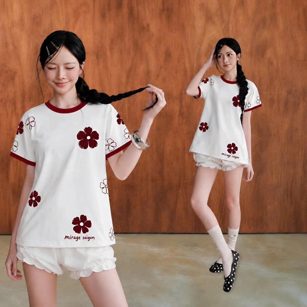 Áo Thun Trắng Hoa Đỏ Dễ Thương, Chất Cotton Mềm Mịn, Có Kèm Hình Thật.