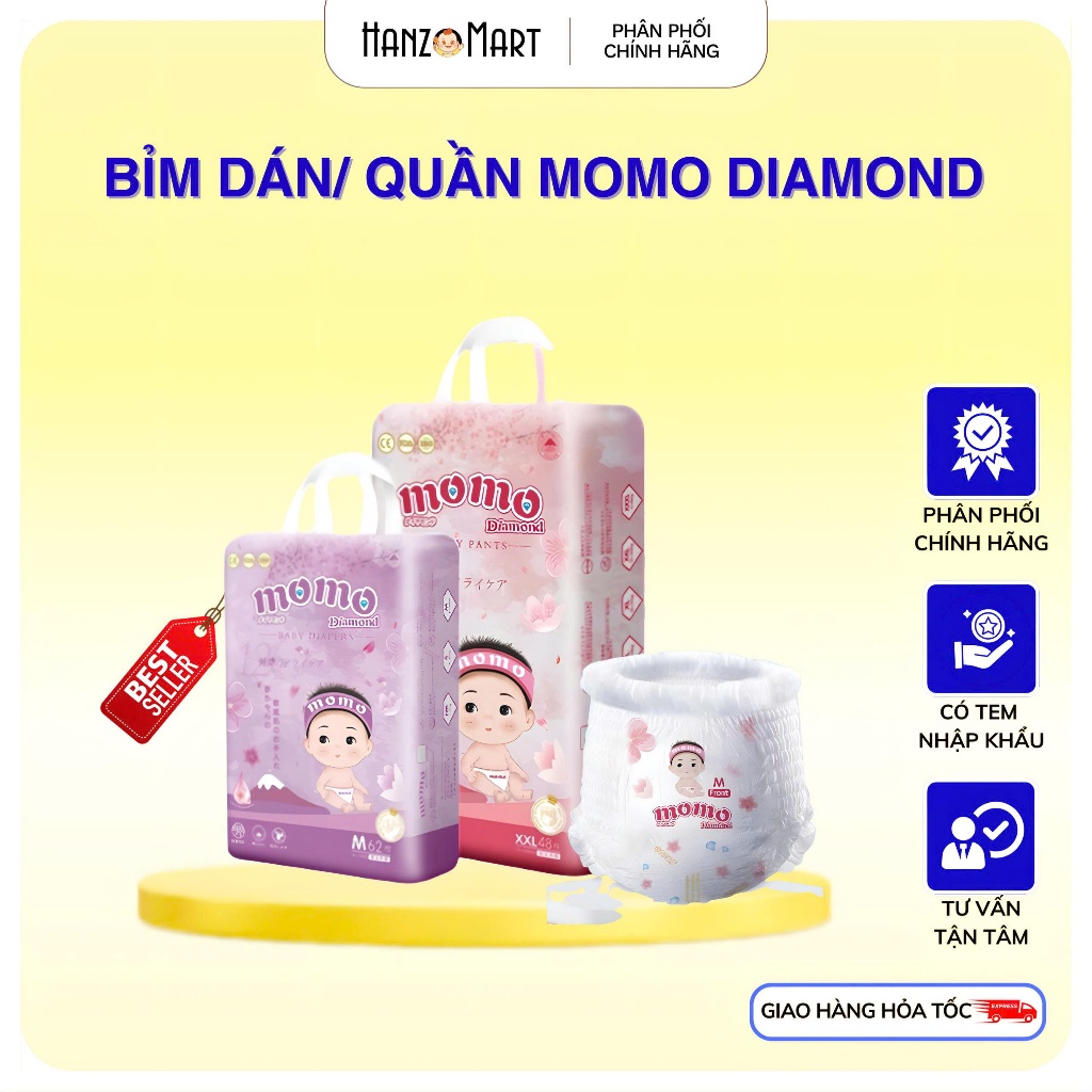 Bỉm momo diamond dán quần S64/ M60/L54/XL50/XXL48/XXXL46 tinh chất hoa anh đào.