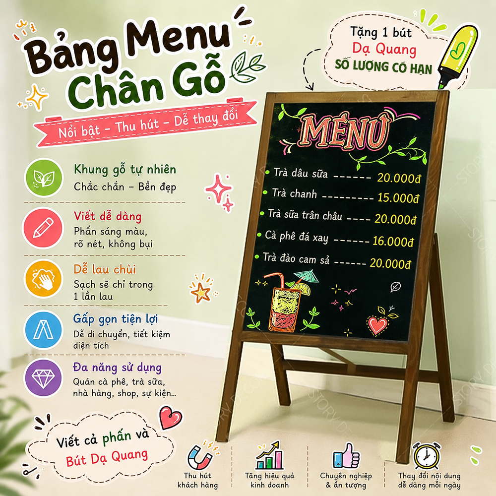 Bảng đen 1 mặt menu khung gỗ màu nâu, mộc tự nhiên dùng cho tiệm Spa, quán ăn, quán cafe, trà sữa, nhà hàng, homestay,
