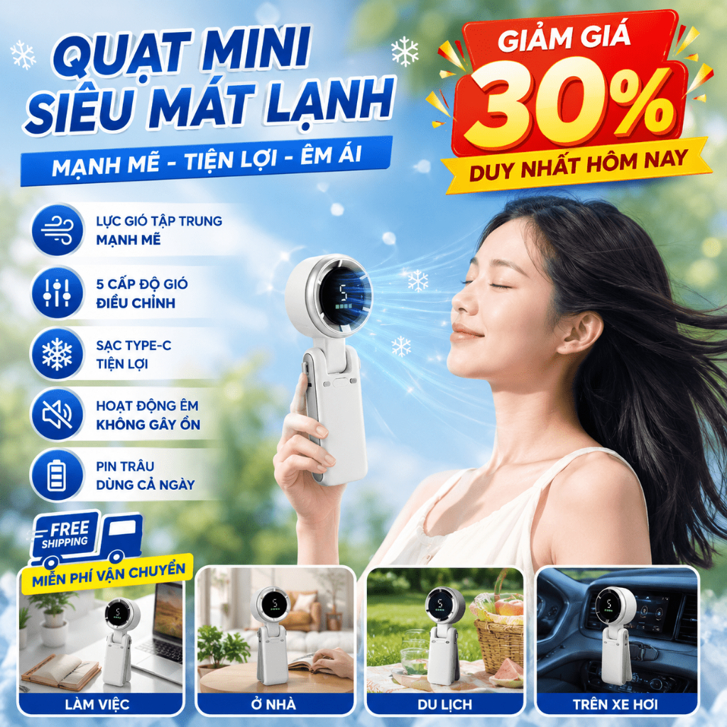 Quạt Làm Lạnh Tích Điện | Cầm Tay Mini, 5 Tốc Độ | Hiển Thị Số, Nhỏ Gọn Tiện Mang