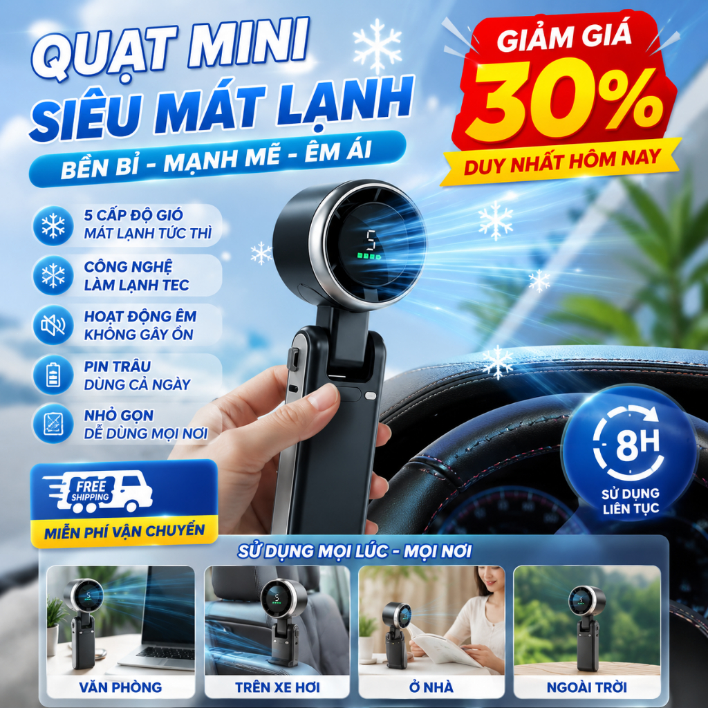 Quạt Làm Lạnh Tích Điện | Cầm Tay Mini, 5 Tốc Độ | Hiển Thị Số, Nhỏ Gọn Tiện Mang