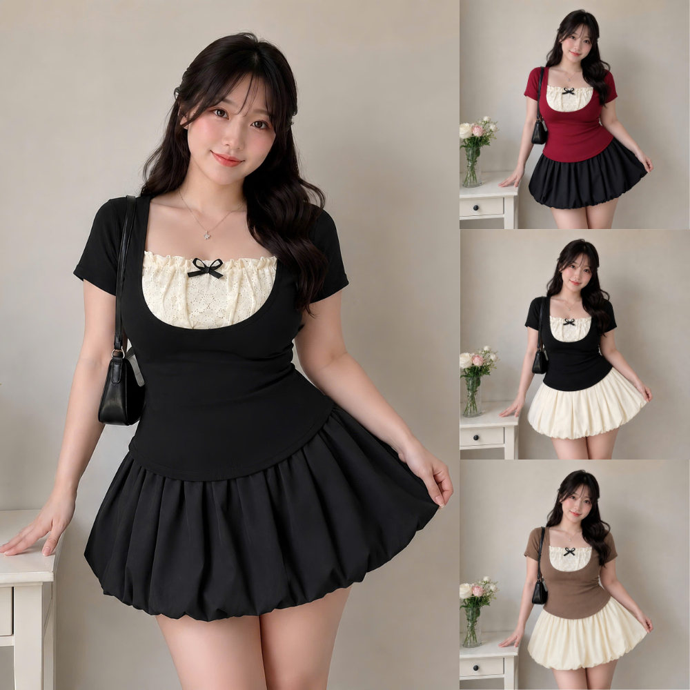 Set Chân Váy Kèm Áo Thun Kiểu Tay Ngắn Bigsize Nữ Vải Thun Ruby Mềm Mại Cho Các Nàng Chubby SET948