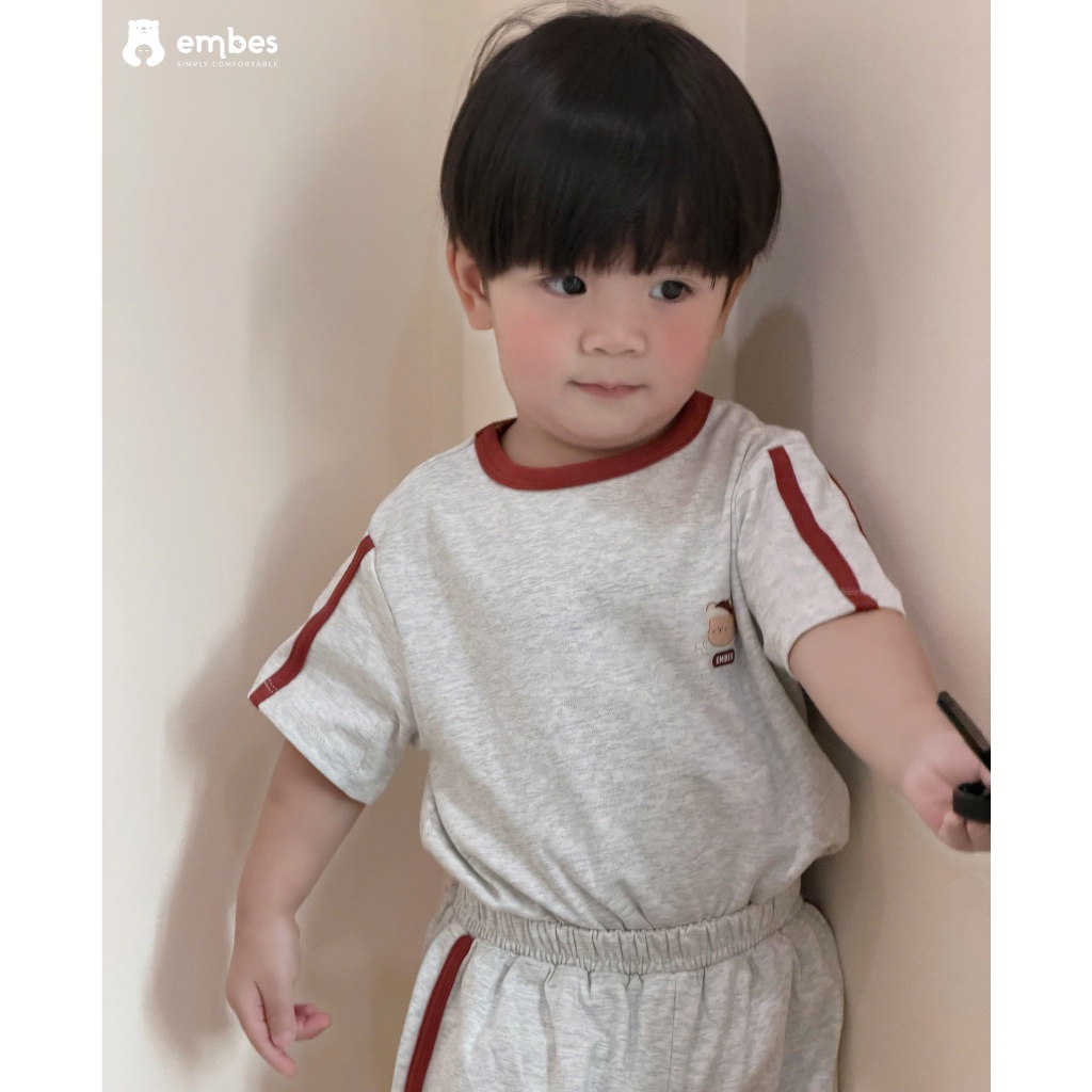 Bộ Cộc Cho Bé Embes, Bộ Cộc Tay Thể Thao Phối Viền Chất Cotton Mát Cho Bé Trai Bé Gái Size Từ 8-17Kg