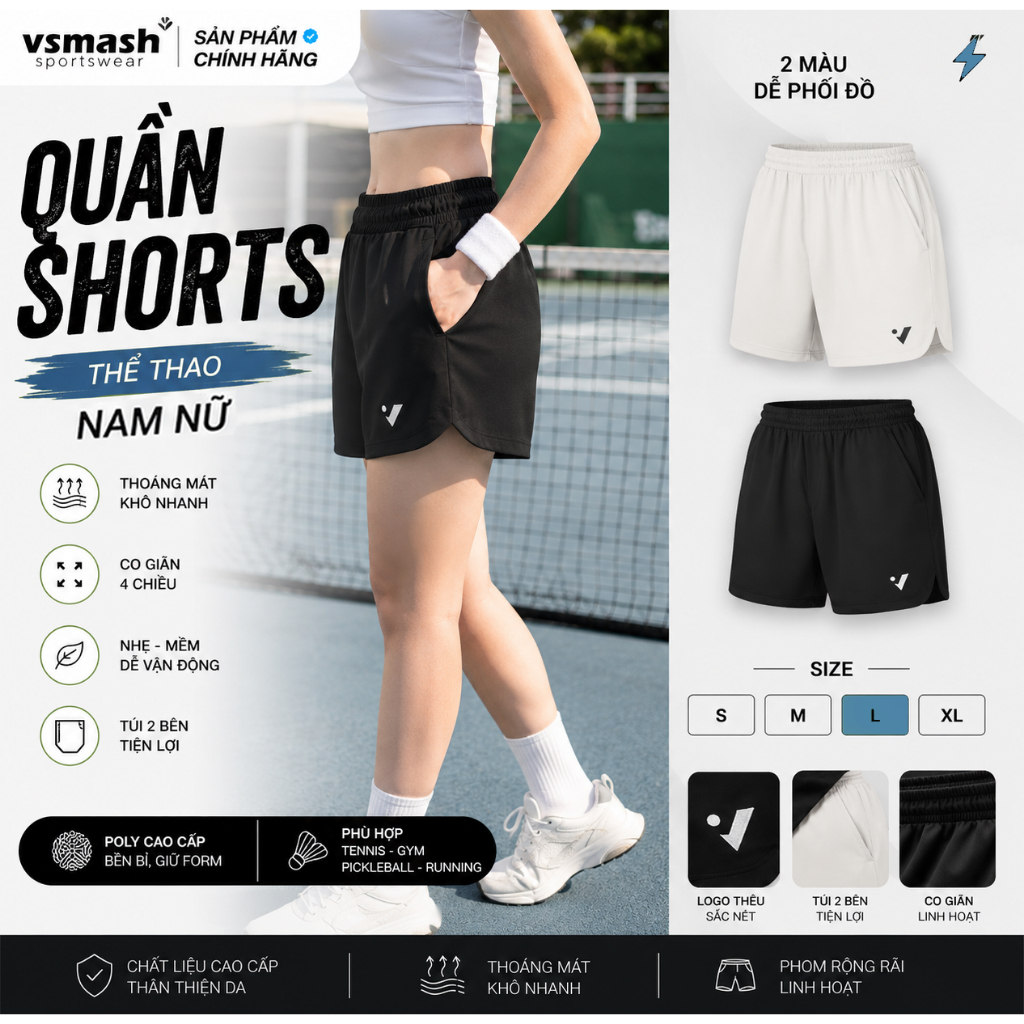 Quần Shorts Thể thao Nam Nữ Quần Thun Vsmash Sportwear – Vải Poly Co Giãn, Thấm Hút Cầu Lông Tennis Gym Pickleball