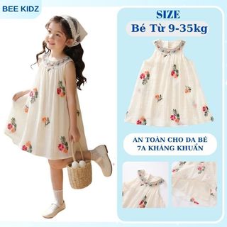 Váy Cho Bé Gái, Váy Cổ Yếm Cho Bé Thiết Kế Cổ Đính Đá Họa Tiết Thêu Hoa Váy 2 Lớp Voan Tơ