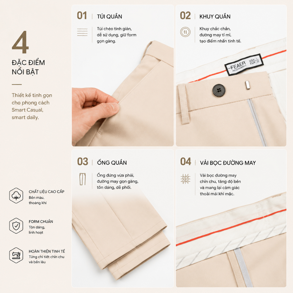 Quần tây SMART DAILY nam form đứng hack dáng, chất vải Wool mềm mịn ít nhăn, quần công sở lịch lãm dễ phối đi làm - FEAE