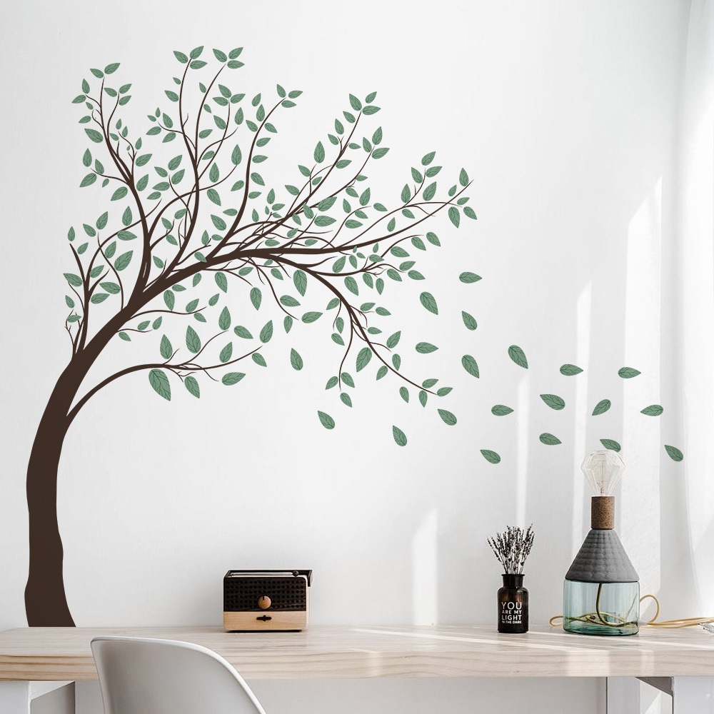 Decal Dán Tường Cây Lá Xanh Bay Trong Gió Có Keo Sẵn 115x101cm - Trang Trí Phòng Khách Phòng Ngủ
