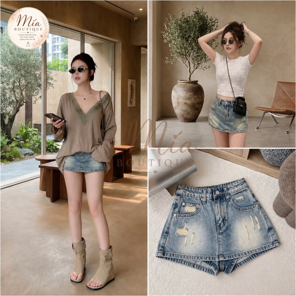 Quần váy ngắn jean denim bò chữ A basic rách cào Mía QCCC QCL1 QV0002 #68099