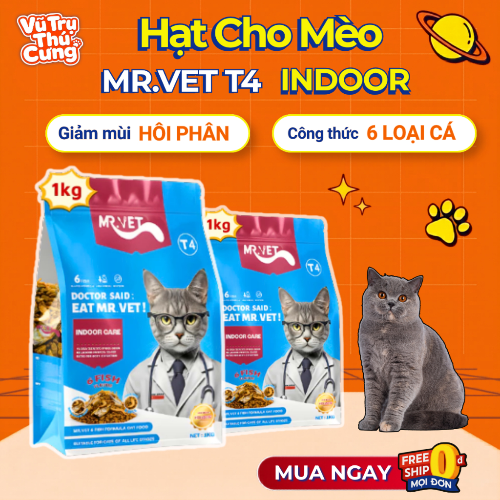 (1kg T4) Hạt Cho Mèo Mr.Vet T4 Topping 6 Loại Cá Giảm Mùi Hôi Chất Thải, Dành Cho Mèo Nuôi Trong Nhà