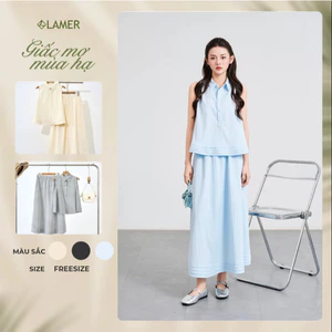 Áo Kiểu Nữ Sát Nách LAMER FASHION Cổ Trụ Mí Gấu Phối Chân Váy Xòe Dài Eo Chun V61B25H013 V62L25H003