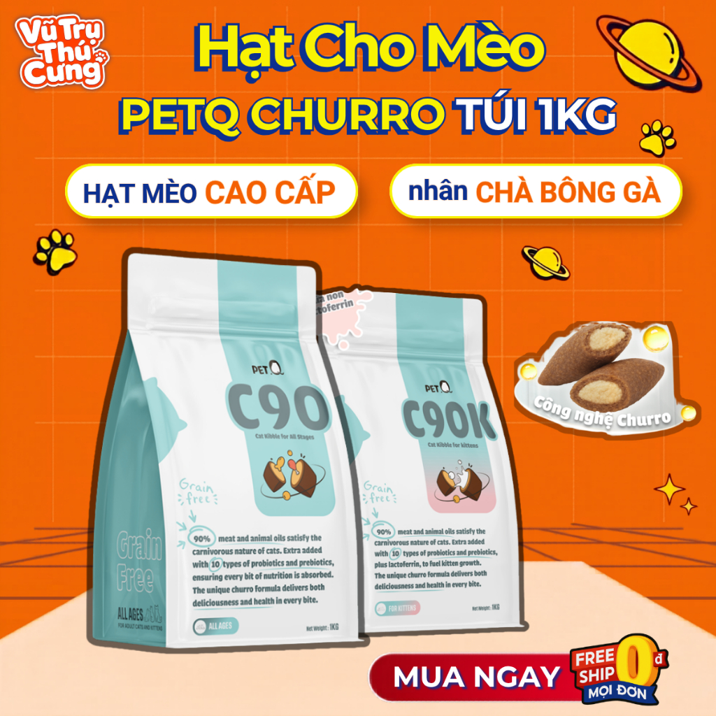 Hạt Cho Mèo Churro PetQ Nhân Thịt Gà Hỗ Trợ Mượt Lông Da 1kg