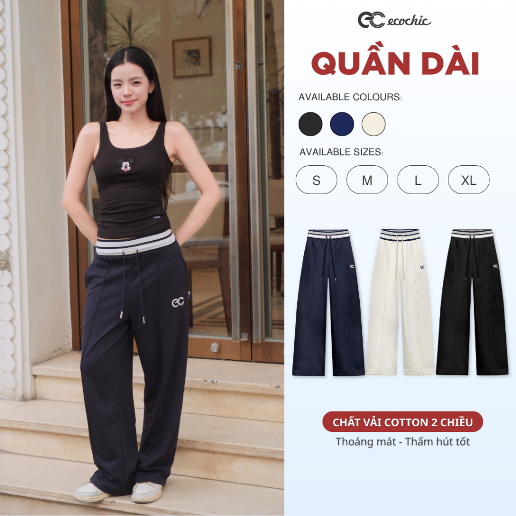 Quần Suông ECOCHIC Ống Rộng Phối Viền Cạp Cao Dây Rút Chất Liệu Thoáng Mát Cao Cấp Chính Hãng B232