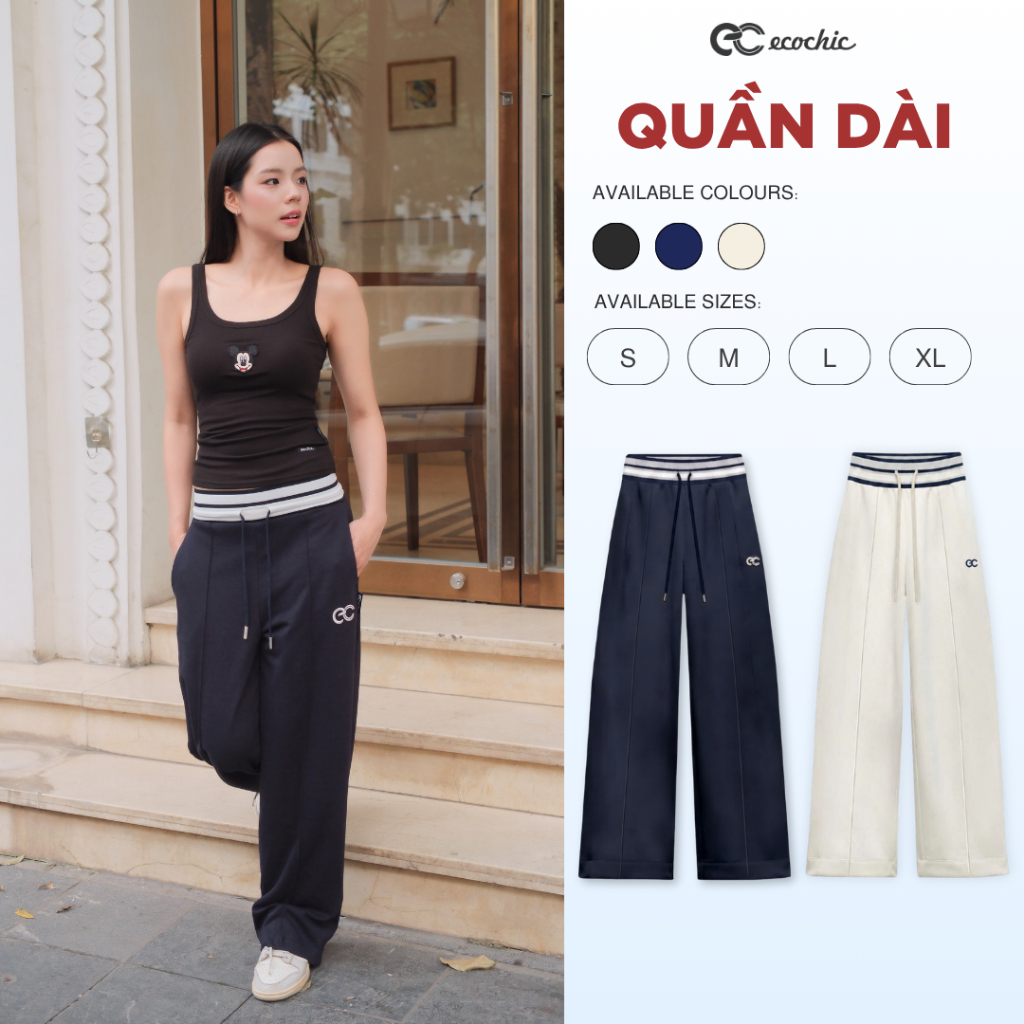 Quần Suông ECOCHIC Ống Rộng Phối Viền Cạp Cao Dây Rút Chất Liệu Thoáng Mát Cao Cấp Chính Hãng B232