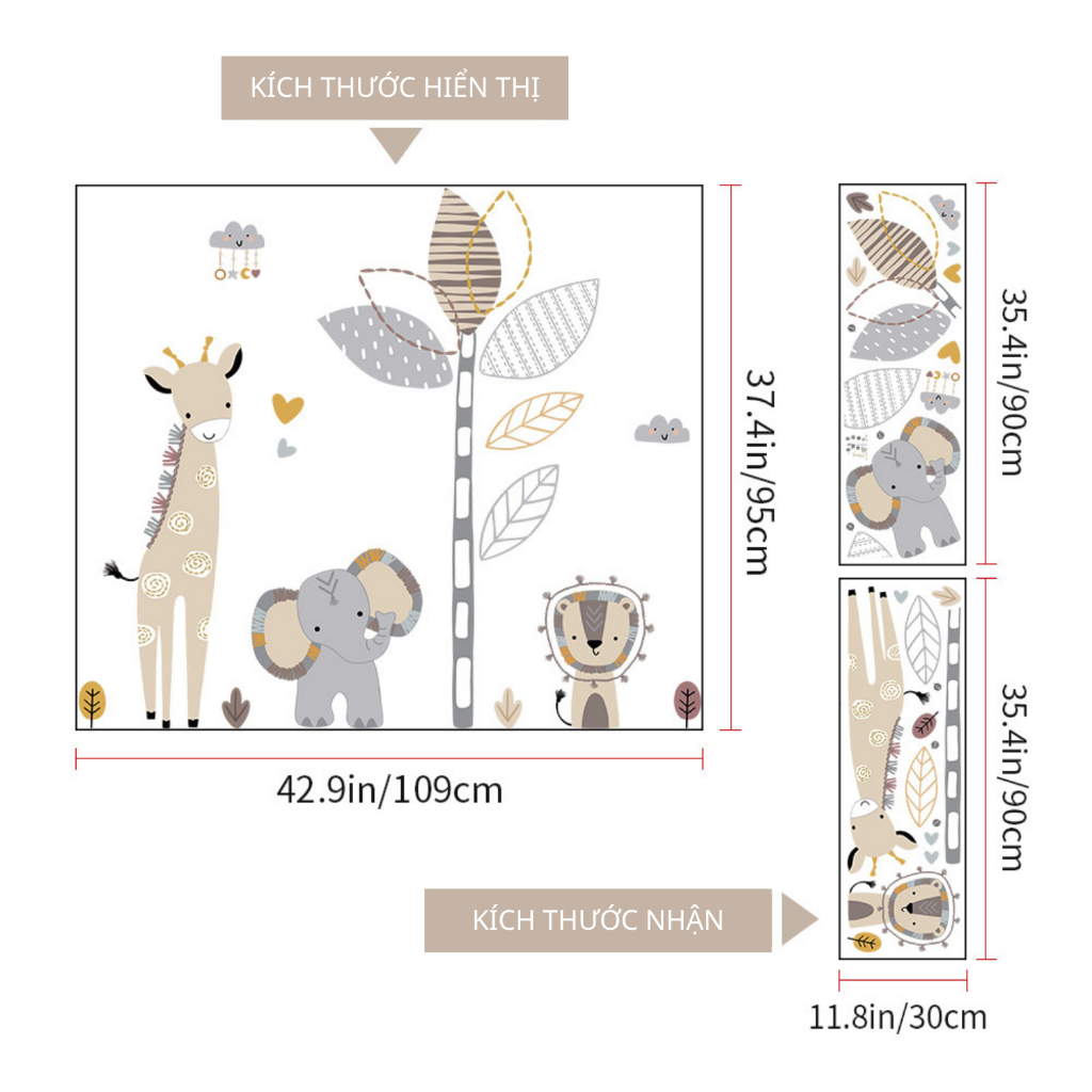 Decal Dán Tường Voi Hươu Cao Cổ Boho Có Keo Sẵn 109x95cm - Trang Trí Không Gian Phòng Ngủ Cho Bé