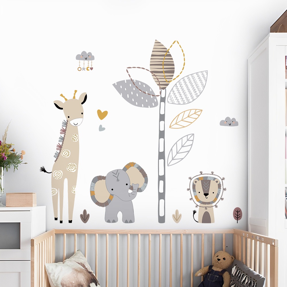 Decal Dán Tường Voi Hươu Cao Cổ Boho Có Keo Sẵn 109x95cm - Trang Trí Không Gian Phòng Ngủ Cho Bé
