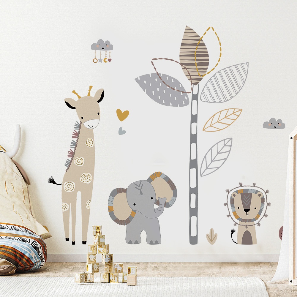Decal Dán Tường Voi Hươu Cao Cổ Boho Có Keo Sẵn 109x95cm - Trang Trí Không Gian Phòng Ngủ Cho Bé