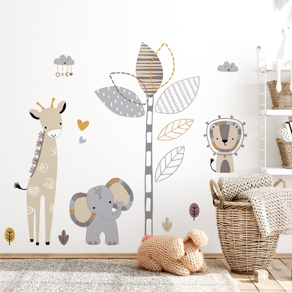Decal Dán Tường Voi Hươu Cao Cổ Boho Có Keo Sẵn 109x95cm - Trang Trí Không Gian Phòng Ngủ Cho Bé