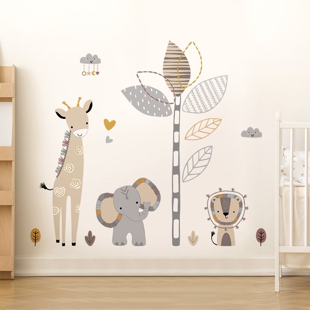 Decal Dán Tường Voi Hươu Cao Cổ Boho Có Keo Sẵn 109x95cm - Trang Trí Không Gian Phòng Ngủ Cho Bé