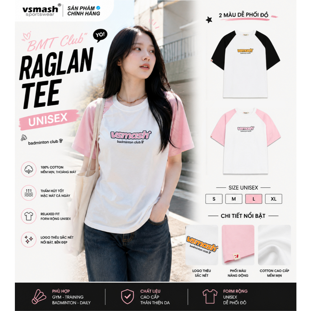 Áo Thun cầu lông tay Raglan Vải em bé Vsmash Sportswear LOGO THÊU Mềm mịn, Thoáng mát,Thấm hút, gym,thể thao