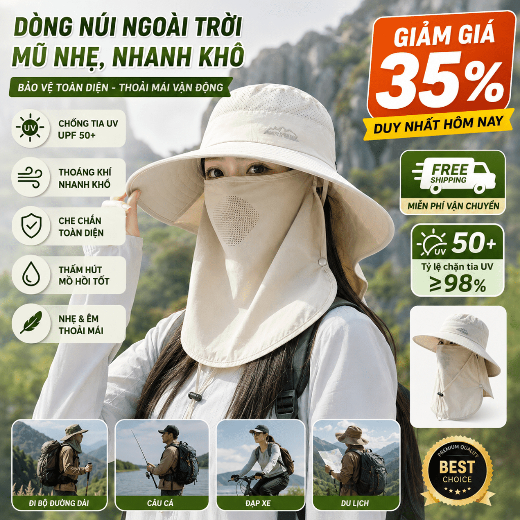 Mũ Nón Lưỡi Trai Chống Nắng Nữ Nam Mũ Chống Nắng Đôi Che Toàn Mặt Cổ UPF50+ Combo Giảm 15%
