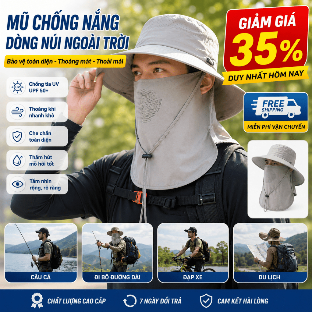 Mũ Nón Lưỡi Trai Chống Nắng Nam Nữ Che Mặt Cổ UPF50+ Combo Đôi Ưu Đãi 15%
