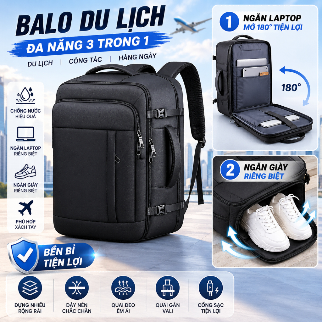 30/35L Balo Du Lịch Nam Nữ Cao Cấp Balo Ngăn Laptop 17 inch Ngăn Giày Riêng Chống Nước