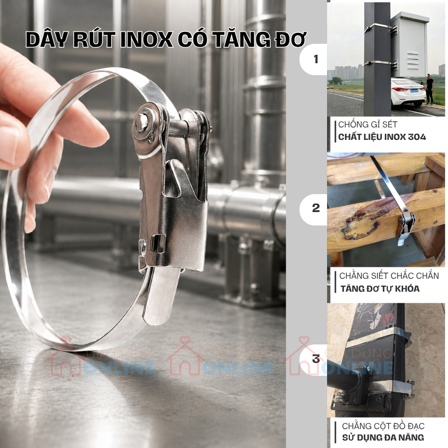 Dây rút inox 304 có tăng đơ chằng siết tự khóa cho đường ống, chậu cây, treo hộp điện ngoài trời... chống tháo mở