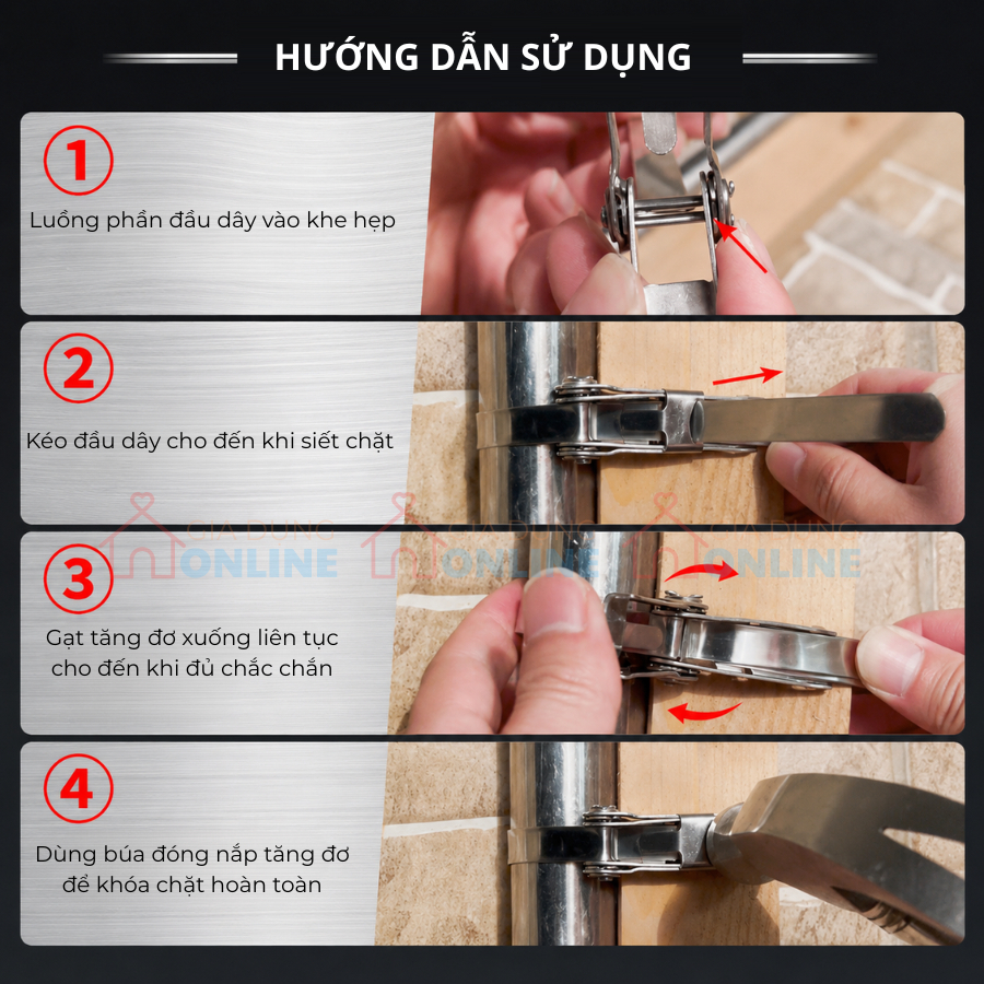 Dây rút inox 304 có tăng đơ chằng siết tự khóa cho đường ống, chậu cây, treo hộp điện ngoài trời... chống tháo mở