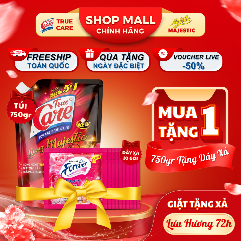 [HD-AFF-MUA 1 TẶNG 1] Mua 1 Túi Nước GIặt Xả True Care 750gr Tặng 1 Dây Xả Vải Forever Lovely 10 Gói 20gr
