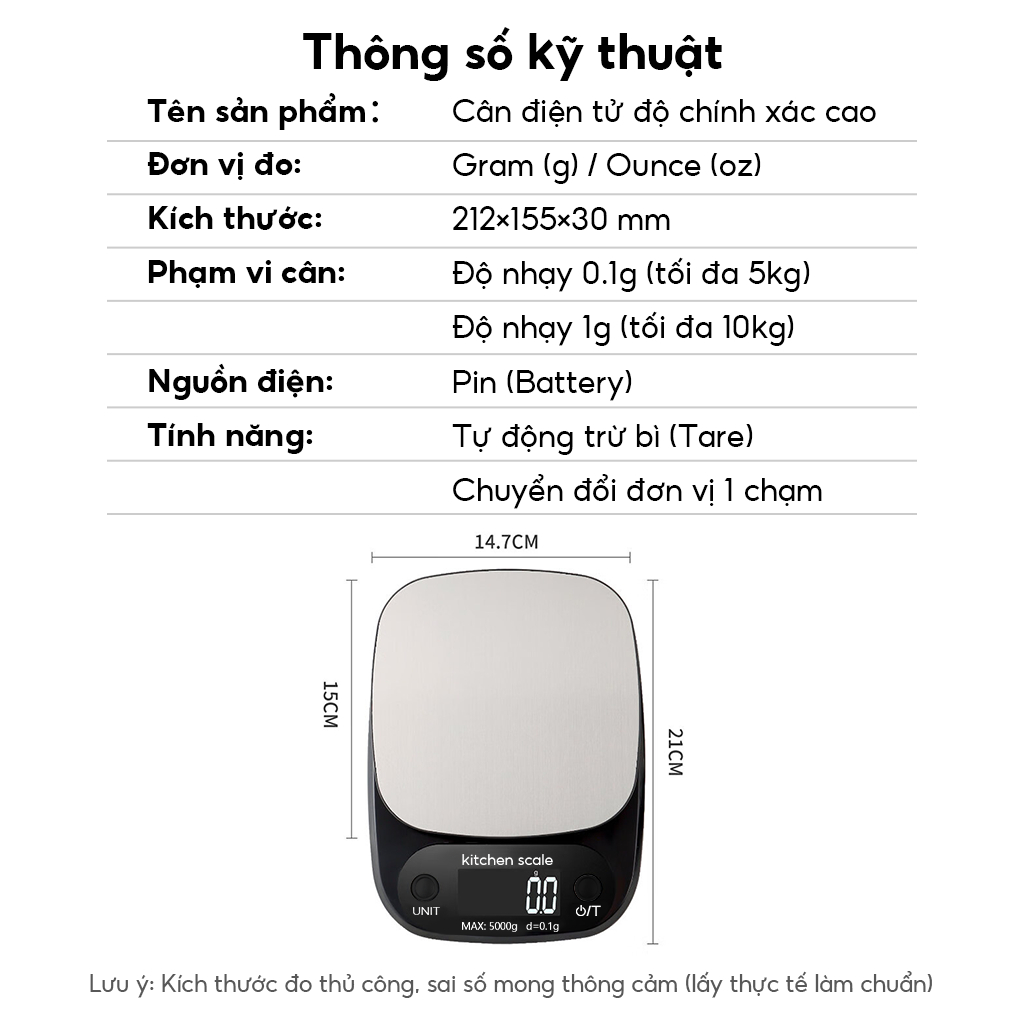 Cân tiểu ly điện tử nhà bếp mini Kitchen Scale 0.1g 1g-5kg 10kg,Cân tiểu li chính xác kèm 2 viên pin