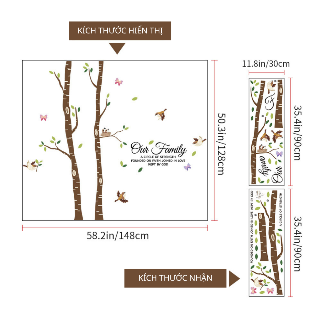 Decal Dán Tường Cây Gia Đình Chim Nhỏ Có Keo Sẵn 148x128cm - Trang Trí Phòng Khách Phòng Ngủ