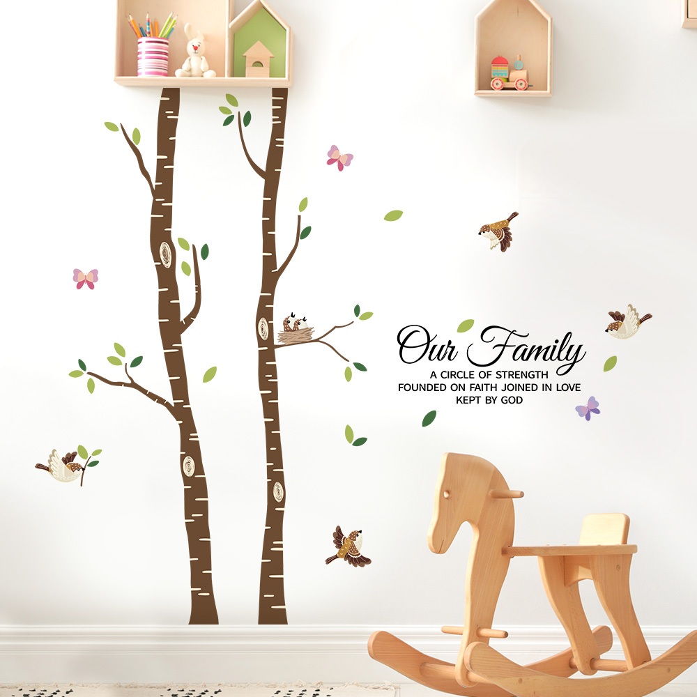 Decal Dán Tường Cây Gia Đình Chim Nhỏ Có Keo Sẵn 148x128cm - Trang Trí Phòng Khách Phòng Ngủ