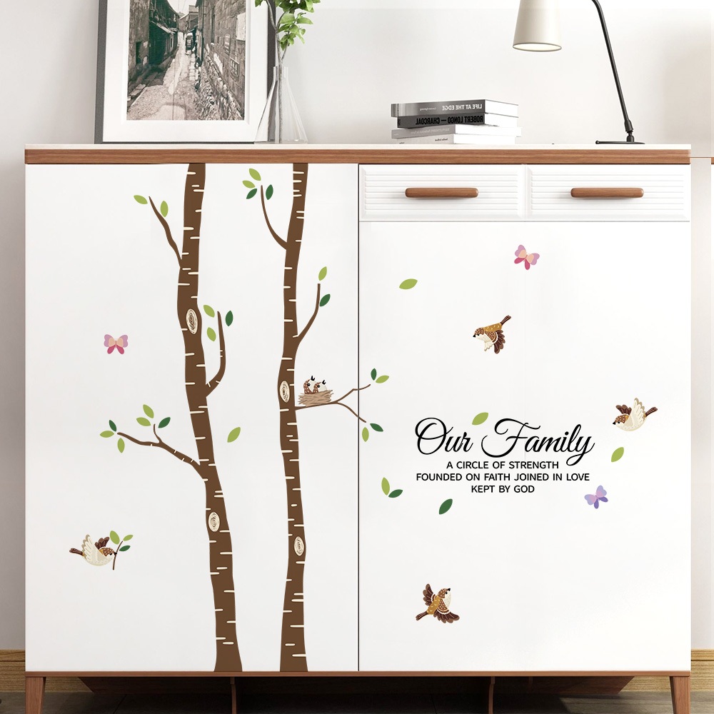 Decal Dán Tường Cây Gia Đình Chim Nhỏ Có Keo Sẵn 148x128cm - Trang Trí Phòng Khách Phòng Ngủ