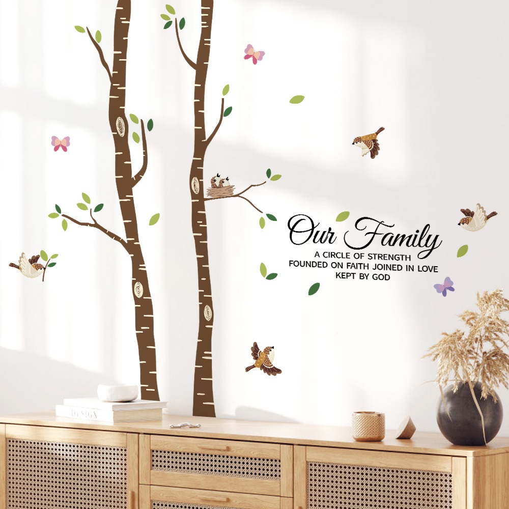 Decal Dán Tường Cây Gia Đình Chim Nhỏ Có Keo Sẵn 148x128cm - Trang Trí Phòng Khách Phòng Ngủ