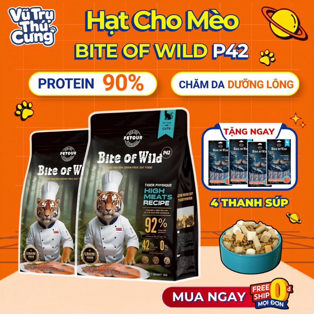 Hạt Cho Mèo Bite Of Wild P42 Không Độn Ngũ Cốc, Hàm Lượng Protein 42%, Giúp Mèo Tăng Cân