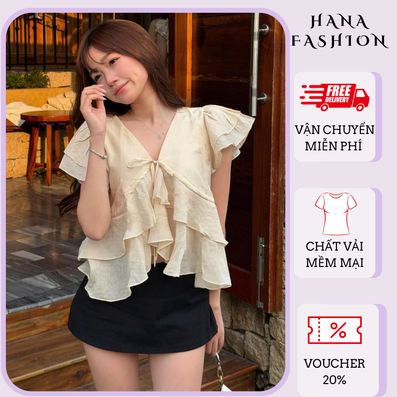 Áo kiểu nữ đũi tơ nhún bèo tầng vạt chéo thắt nơ ngực áo blouse tay cánh tiên dáng suông babydoll HCOM27319