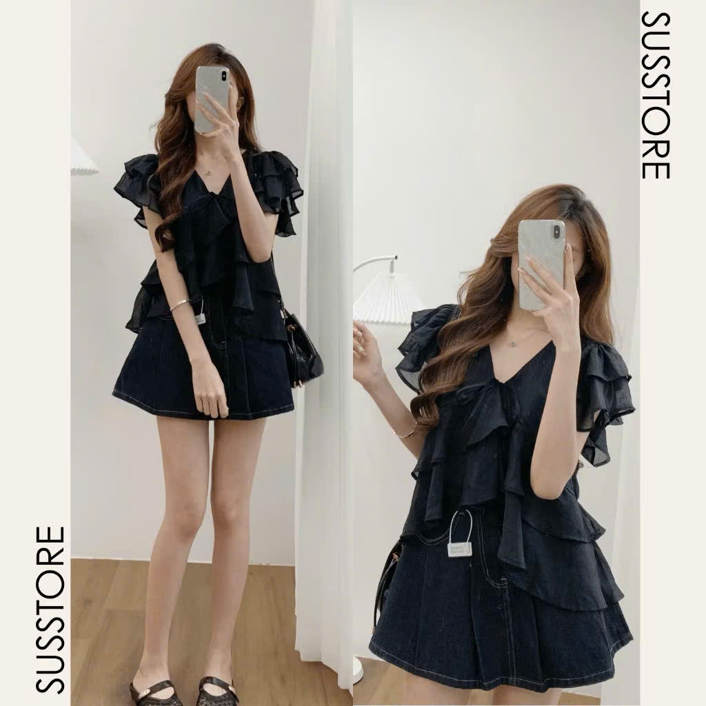 Áo kiểu nữ đũi tơ nhún bèo tầng vạt chéo thắt nơ ngực áo blouse tay cánh tiên dáng suông babydoll HCOM27319