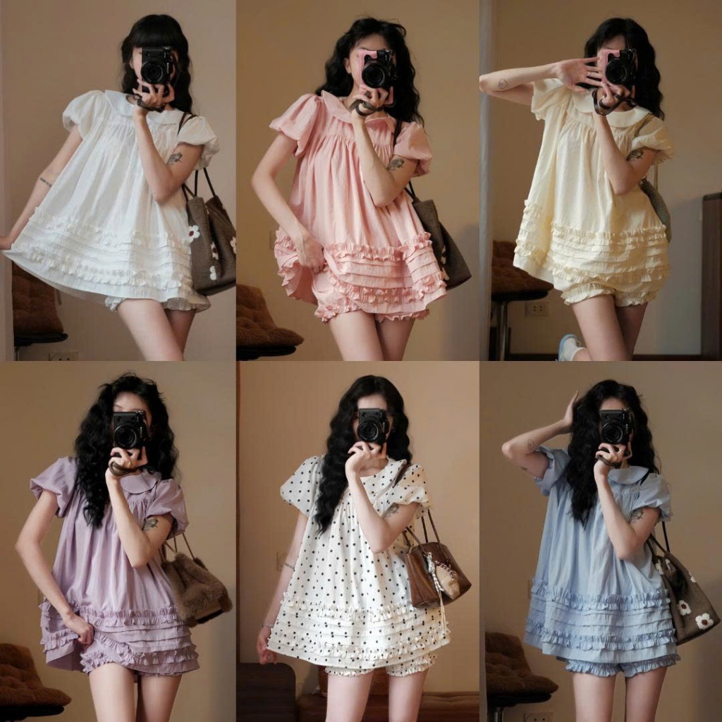 (Tặng quần bí) Áo Váy Babydoll Cổ Sen 2 Lớp Form Rộng Gấu Viền Bèo Kèm Quần Bí Phồng Bo Chun 247Store