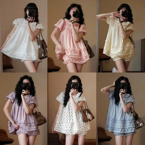 Áo Váy Babydoll Cổ Sen 2 Lớp Form Rộng Gấu Viền Bèo Kèm Quần Bí Phồng Bo Chun 247Store