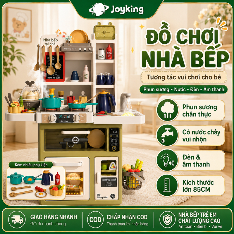Joyking Bộ Đồ Chơi Nhà Bếp Cỡ Lớn 85CM Có Hiệu Ứng Khói Nước Chảy Đèn Nhạc Đồ Chơi Nấu Ăn Cho Bé