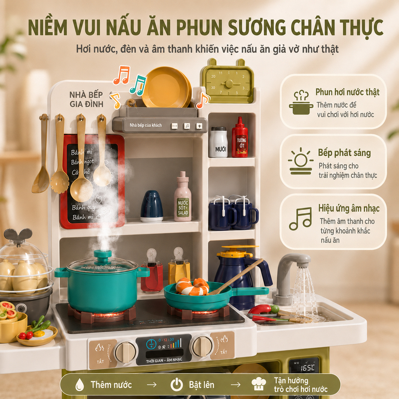 Joyking Bộ Đồ Chơi Nhà Bếp Cỡ Lớn 85CM Có Hiệu Ứng Khói Nước Chảy Đèn Nhạc Đồ Chơi Nấu Ăn Cho Bé