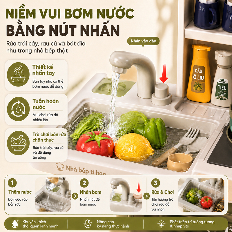 Joyking Bộ Đồ Chơi Nhà Bếp Cỡ Lớn 85CM Có Hiệu Ứng Khói Nước Chảy Đèn Nhạc Đồ Chơi Nấu Ăn Cho Bé