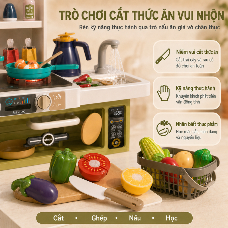 Joyking Bộ Đồ Chơi Nhà Bếp Cỡ Lớn 85CM Có Hiệu Ứng Khói Nước Chảy Đèn Nhạc Đồ Chơi Nấu Ăn Cho Bé
