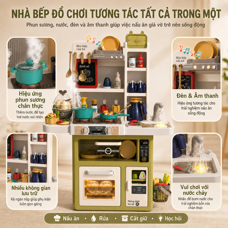Joyking Bộ Đồ Chơi Nhà Bếp Cỡ Lớn 85CM Có Hiệu Ứng Khói Nước Chảy Đèn Nhạc Đồ Chơi Nấu Ăn Cho Bé
