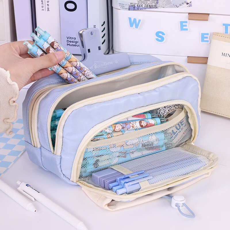 Túi Đựng Bút Nhiều Ngăn Cute Dành Cho Bé Gái, Thiết Kế Dễ Thương Phong Cách Hàn Quốc, Chất Liệu Vải Bố Chống Nước Tốt