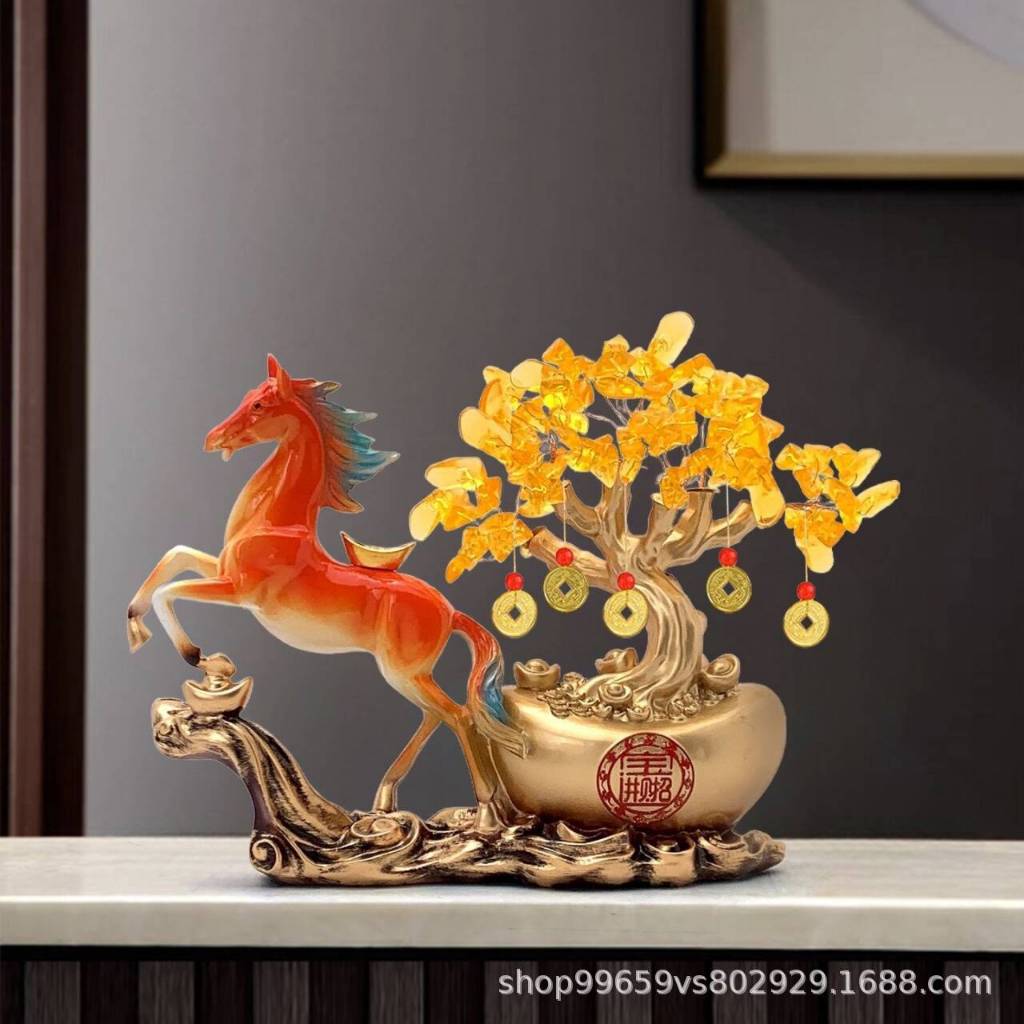 Tượng hươu, ngựa tài lộc kéo cây tiền vàng decor nhà cửa