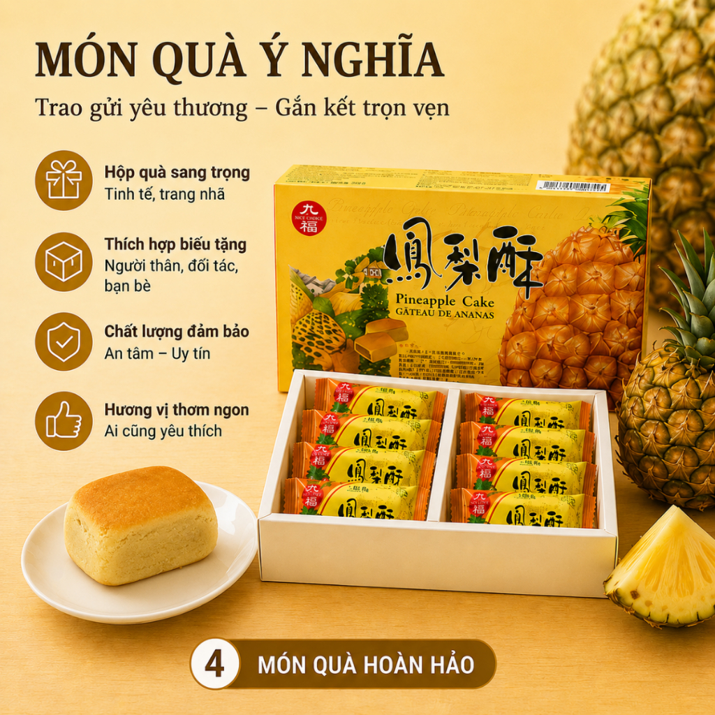 Bánh Dứa Đài Loan Jiu Fu – Hộp 200g (8 bánh) – Bánh nướng nhân dứa thơm mềm – Quà biếu Đài Loan