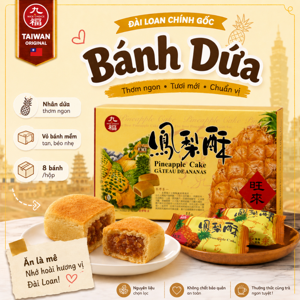 Bánh Dứa Đài Loan Jiu Fu – Hộp 200g (8 bánh) – Bánh nướng nhân dứa thơm mềm – Quà biếu Đài Loan