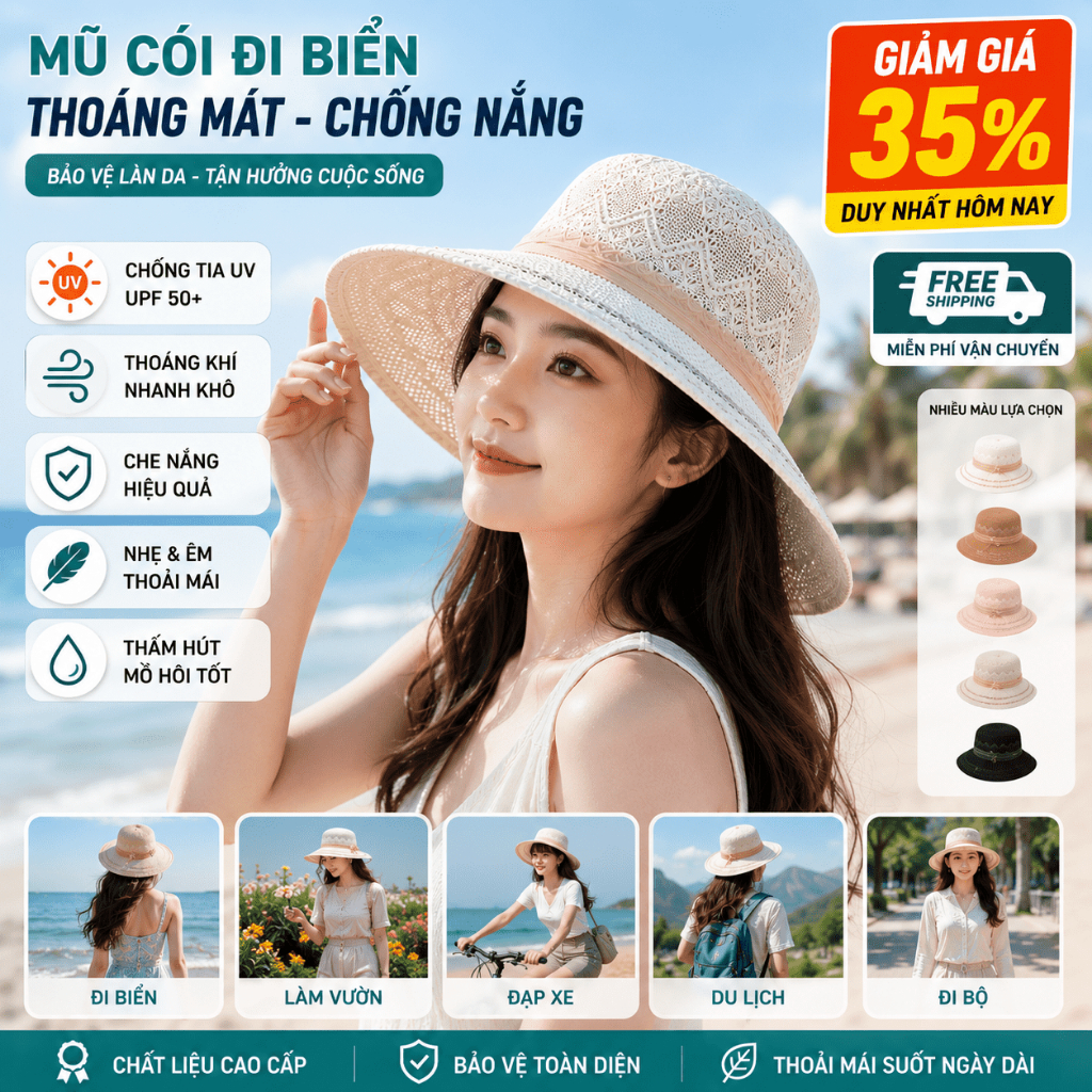Mũ Nón Lưỡi Trai Chống Nắng Nữ Dệt Mây Thời Trang Đi Biển Du Lịch Vòng Đầu 55-65cm