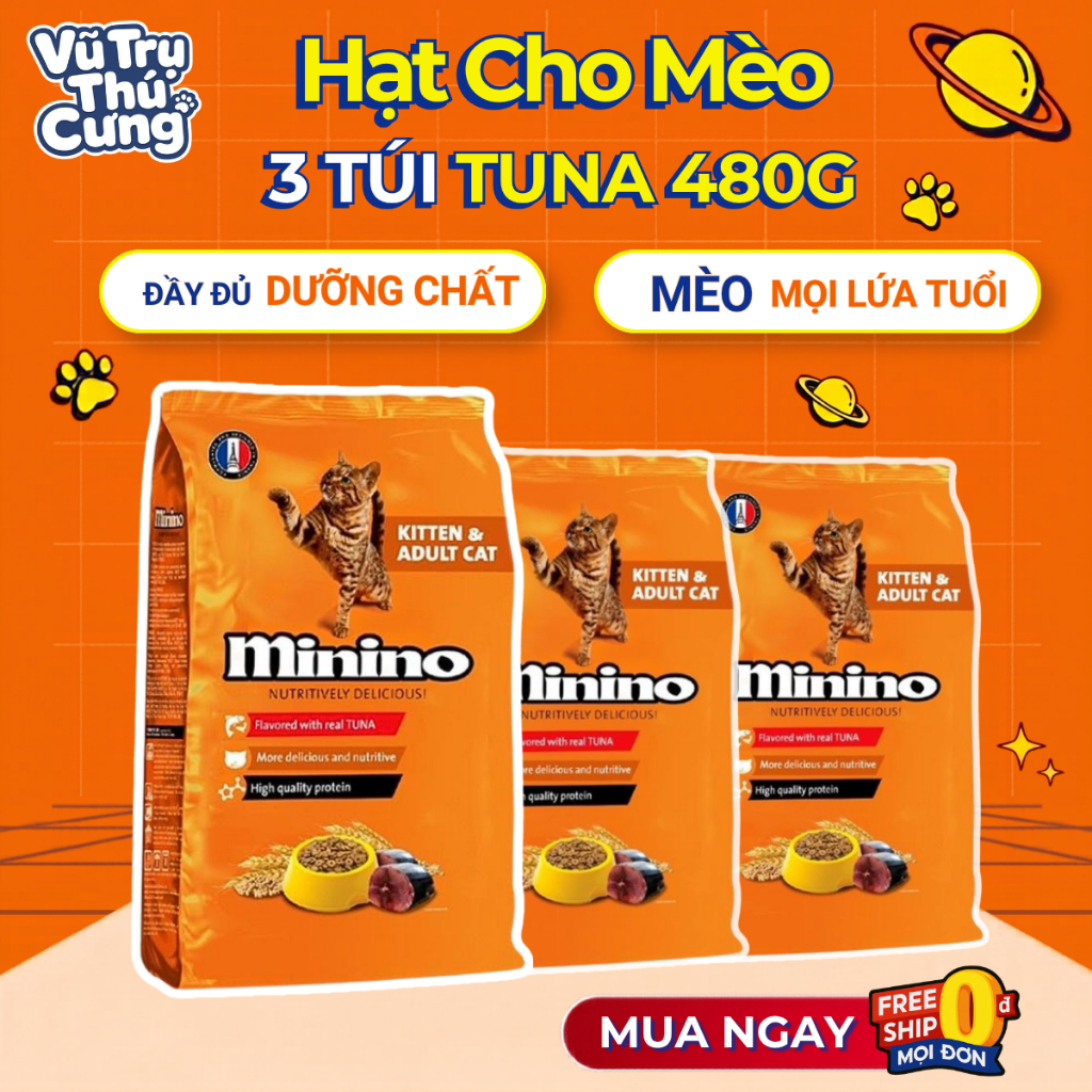 Combo 3 Gói Hạt Minino Tuna Cho Mèo Vị Cá Ngừ 480g